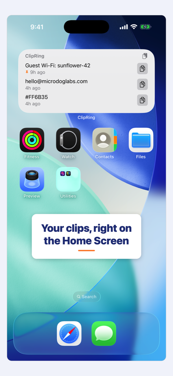 ClipRing Home Screen widget with recent clips