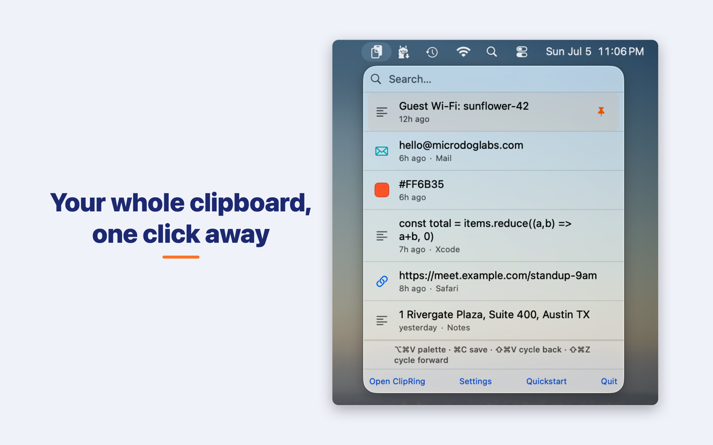 ClipRing menu bar popover on macOS