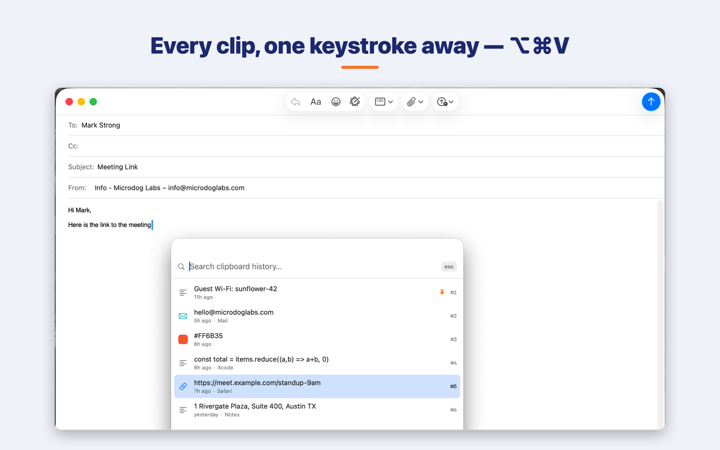 ClipRing quick-paste palette over Mail on macOS